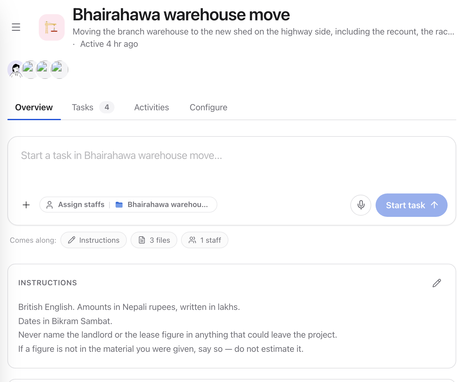 A project page showing its description, instructions, members and assigned AI staff
