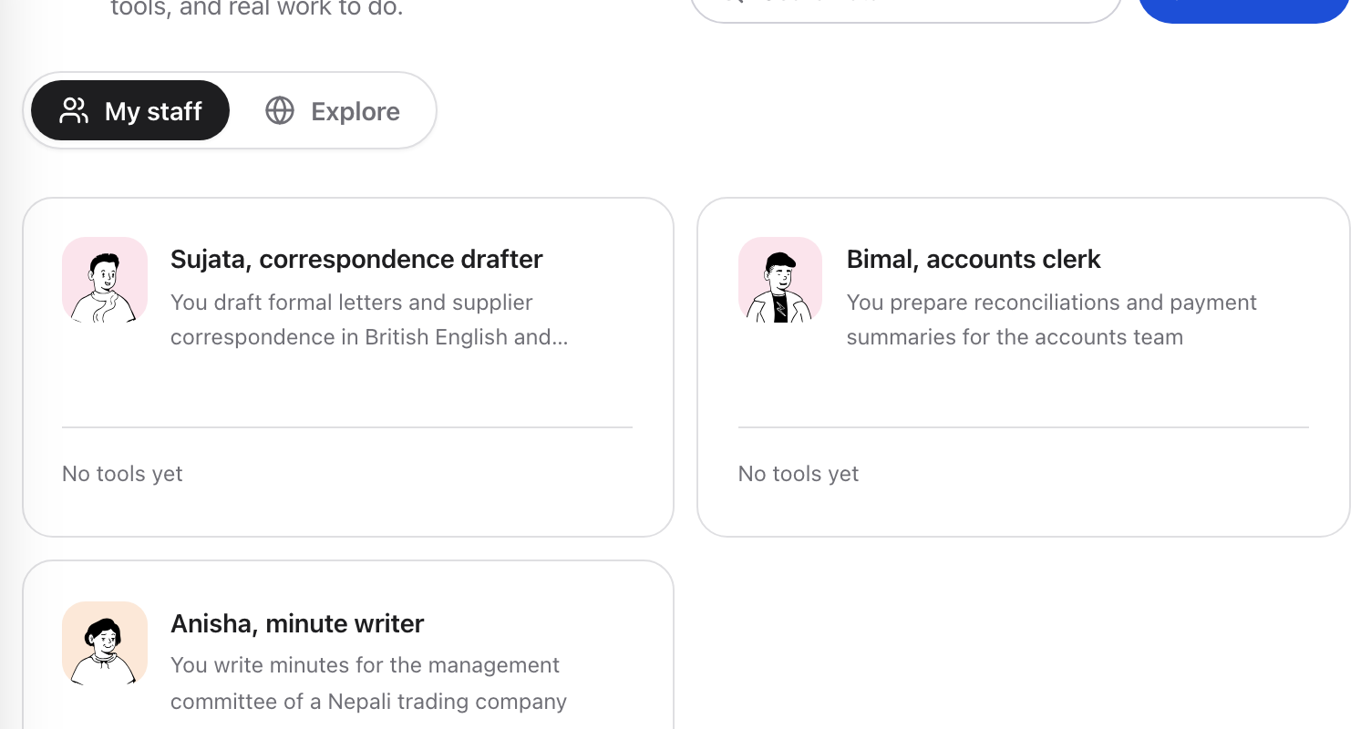 A staff list card showing Anisha, minute writer with her tool icons