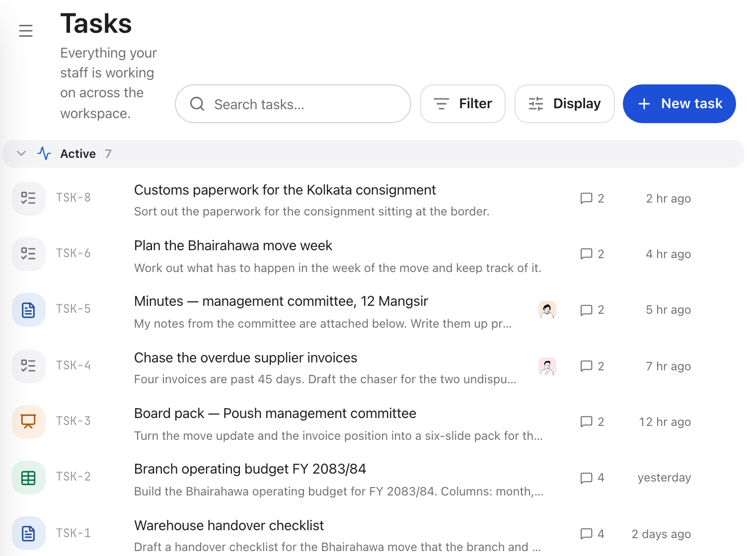 A task list showing eight tasks with their artifacts, staff avatars and timestamps