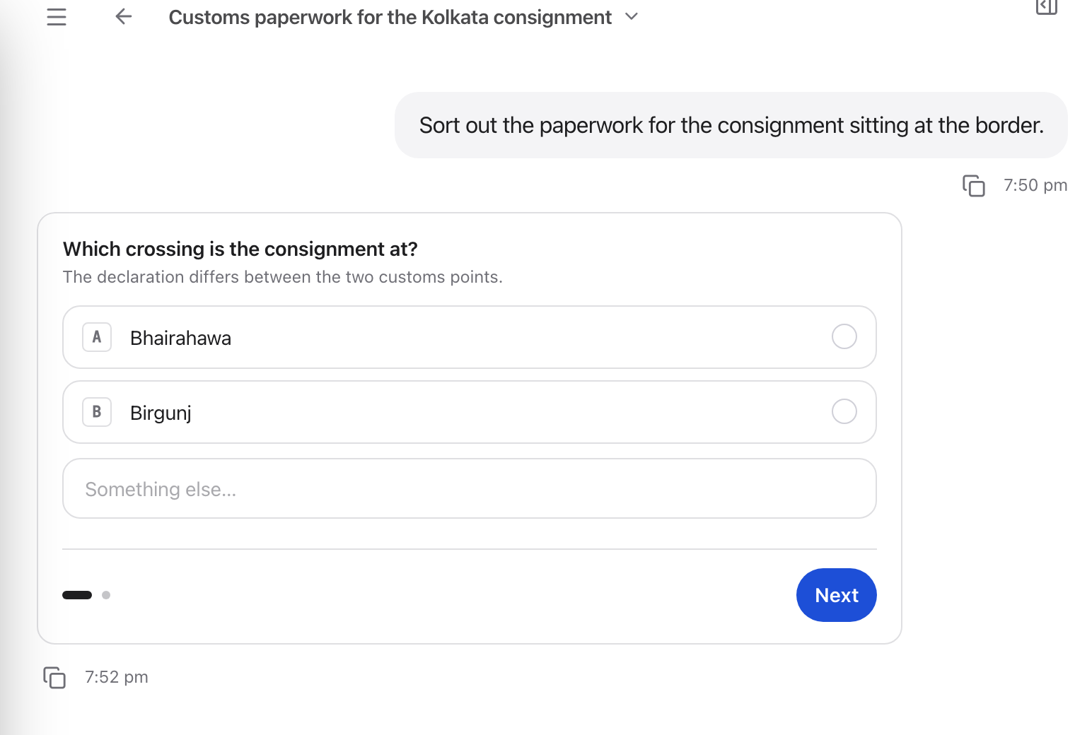 A card asking which customs crossing the consignment is at, with two options and a free-text box