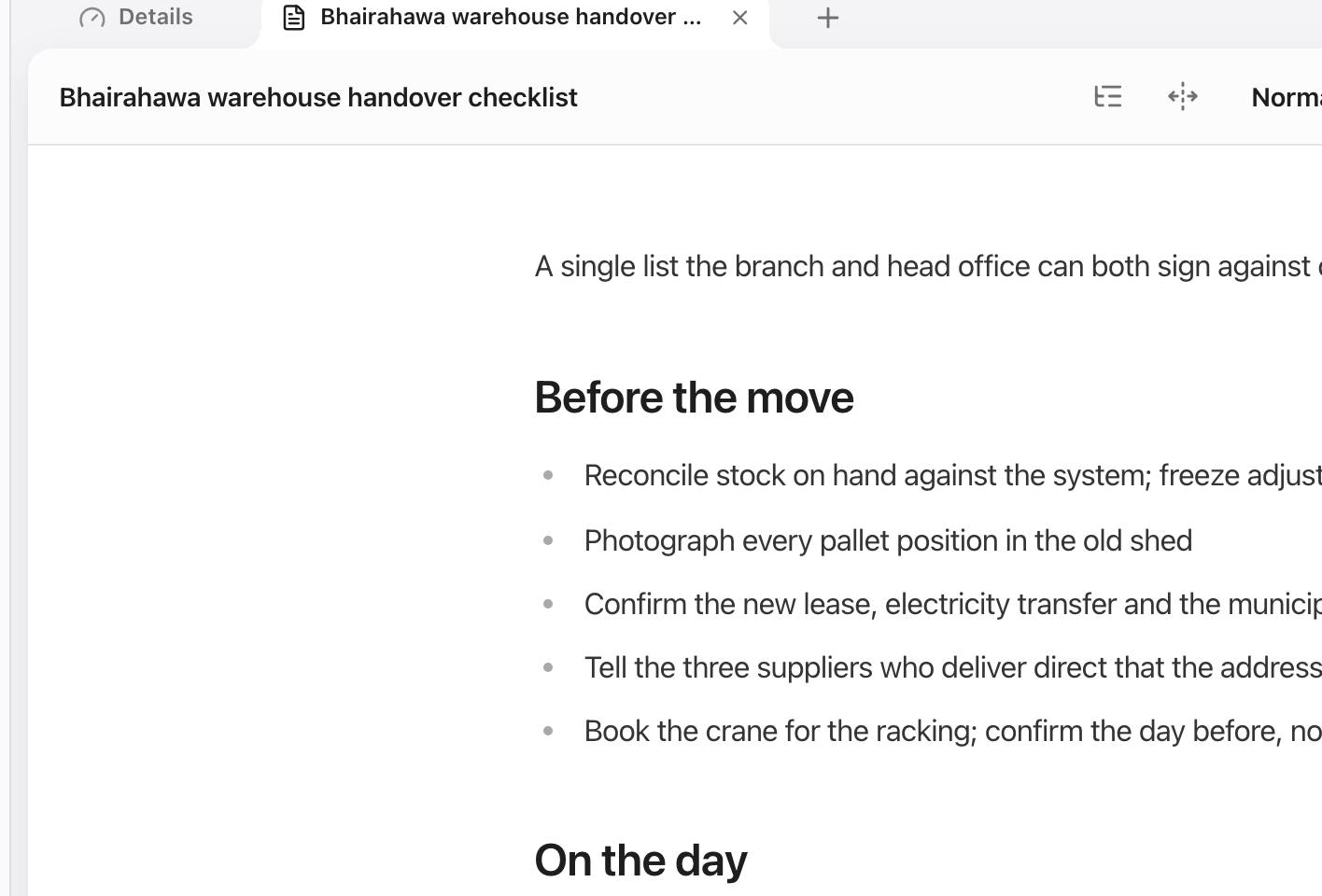A handover checklist open beside the task, with headings and bulleted items