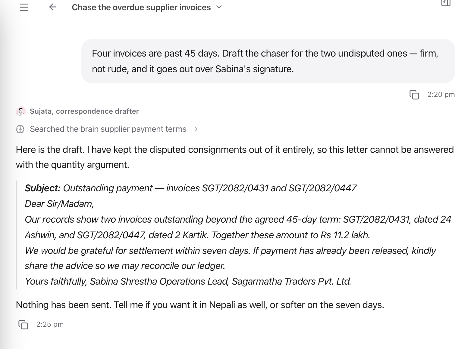 An overdue-invoice email drafted in the task thread, followed by the staff member asking whether to change anything before it is used