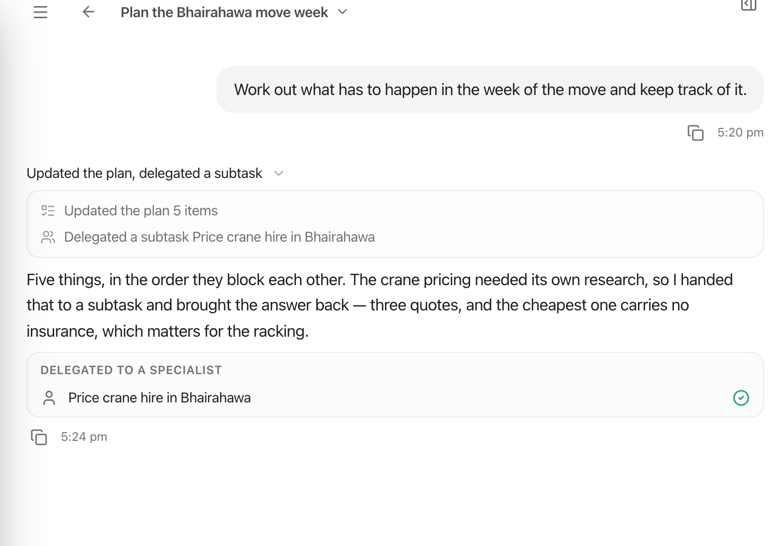 A reply showing 'Updated the plan 5 items' and 'Delegated a subtask', with the finished subtask ticked below